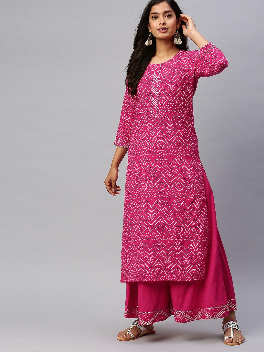 ishin women pink & white bandhani printed kurta with palazzos