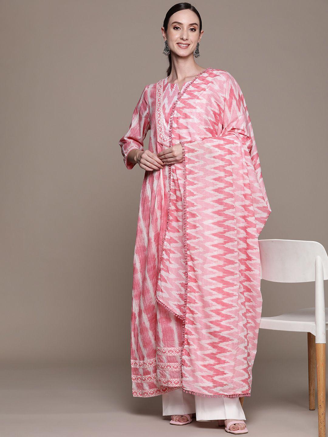 ishin women pink & white printed cotton anarkali kurta