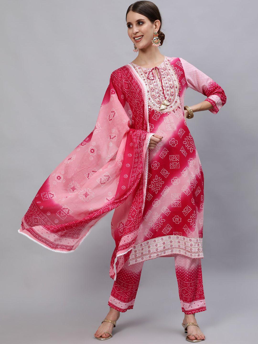 ishin women pink bandhani dyed regular kurta with trousers & dupatta