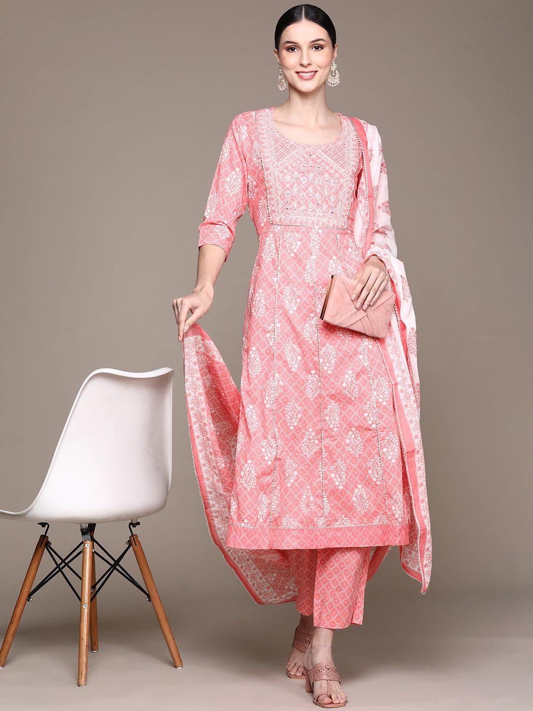 ishin women pink bandhani embroidered mirror work pure cotton kurta with trousers & with dupatta