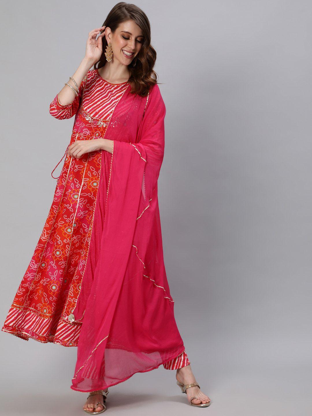 ishin women pink bandhani printed empire gotta patti pure cotton kurta with trousers & with dupatta