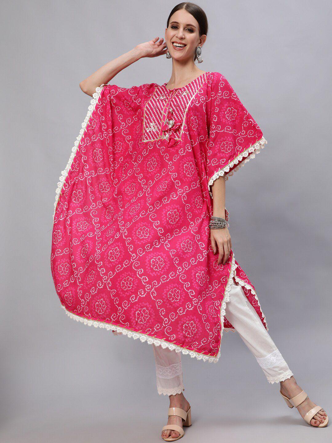 ishin women pink bandhani printed pure cotton kurta with trousers & with dupatta