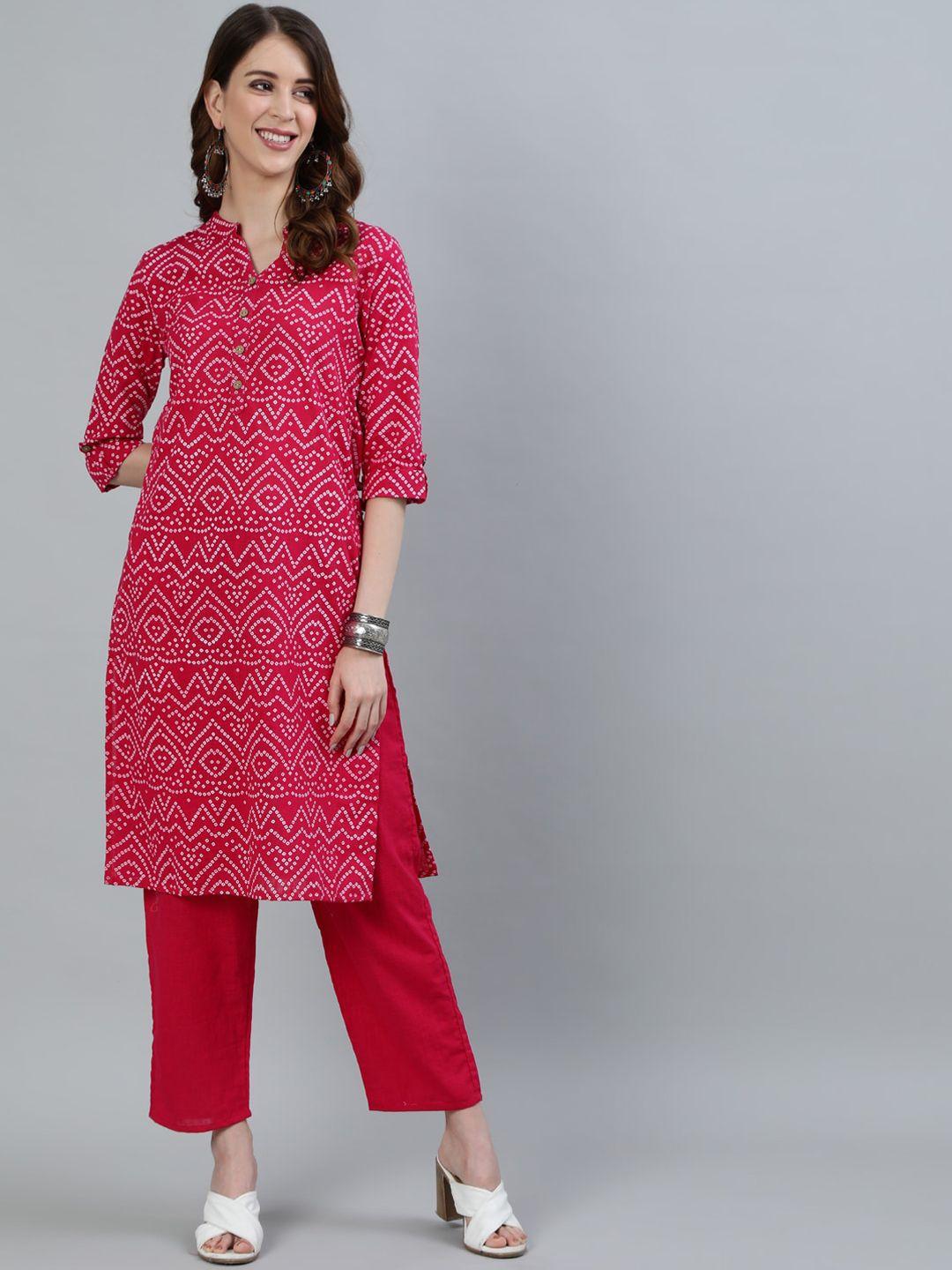 ishin women pink bandhani printed pure cotton kurta with trousers