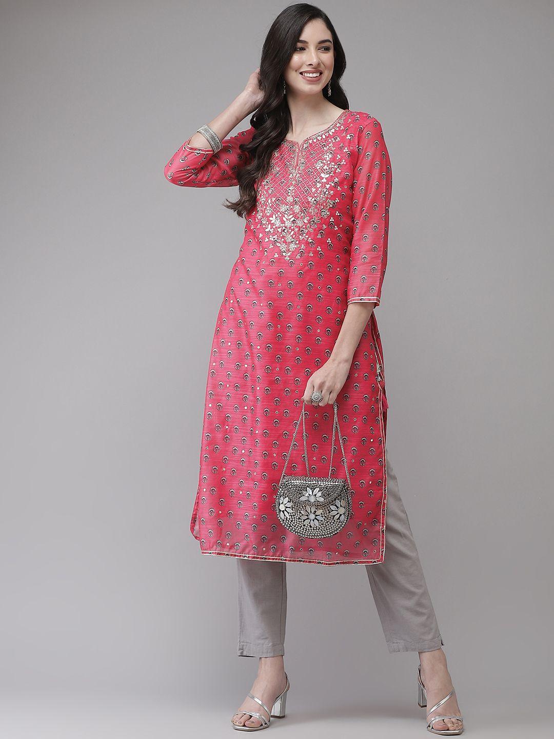 ishin women pink floral embellished kurta