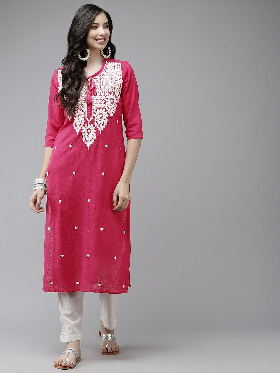 ishin women pink floral embroidered floral kurta