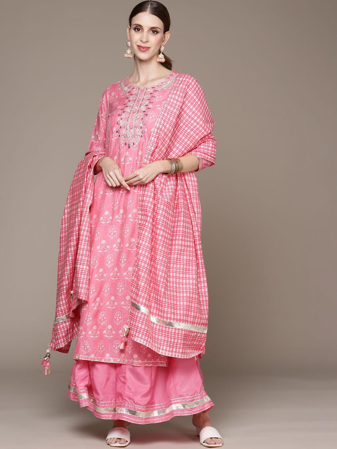 ishin women pink floral print pure silk kurta with sharara & dupatta