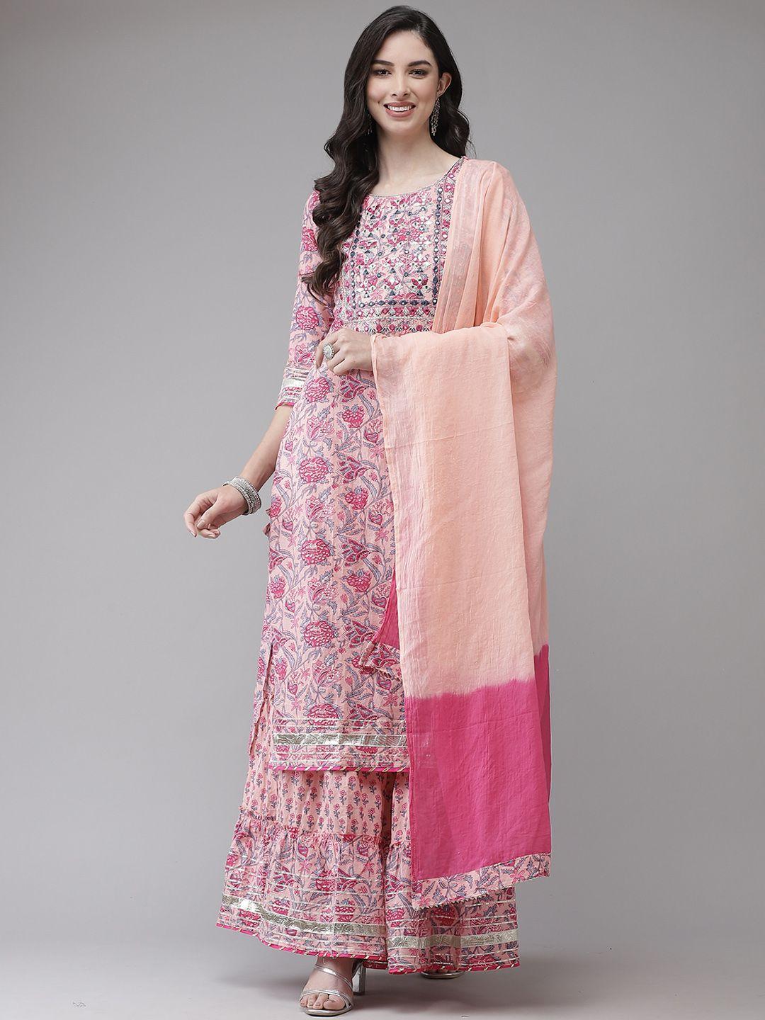 ishin women pink floral printed regular kurta with sharara & with dupatta