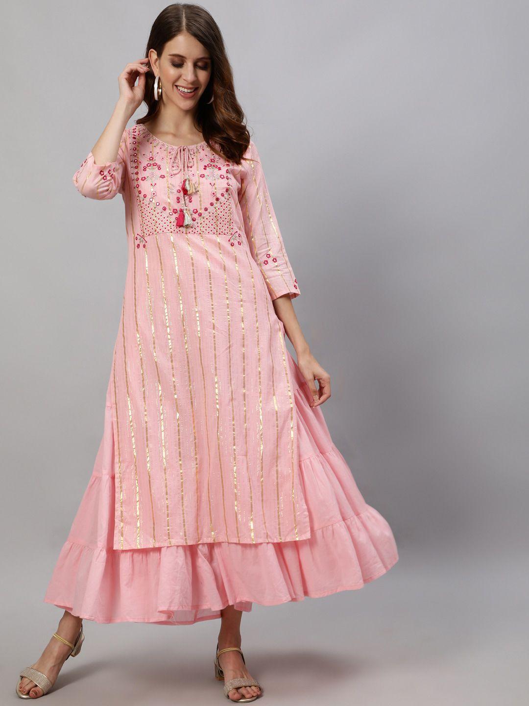 ishin women pink striped embroidered flare anarkali kurta