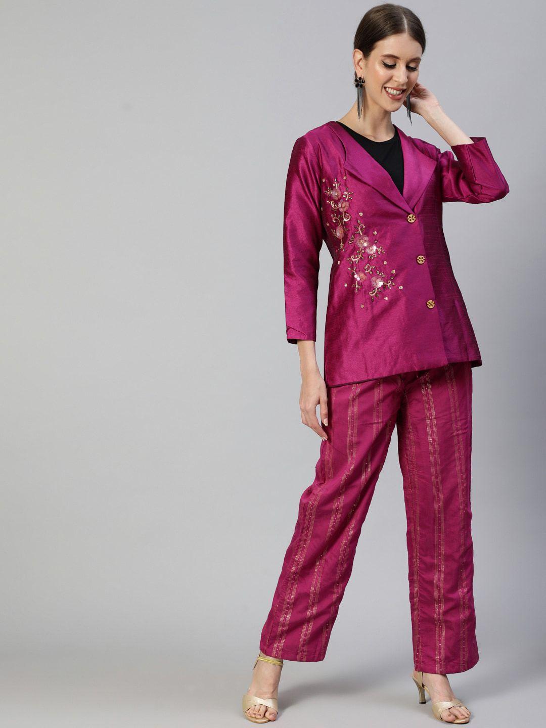 ishin women purple & gold-toned embellished coat with trousers