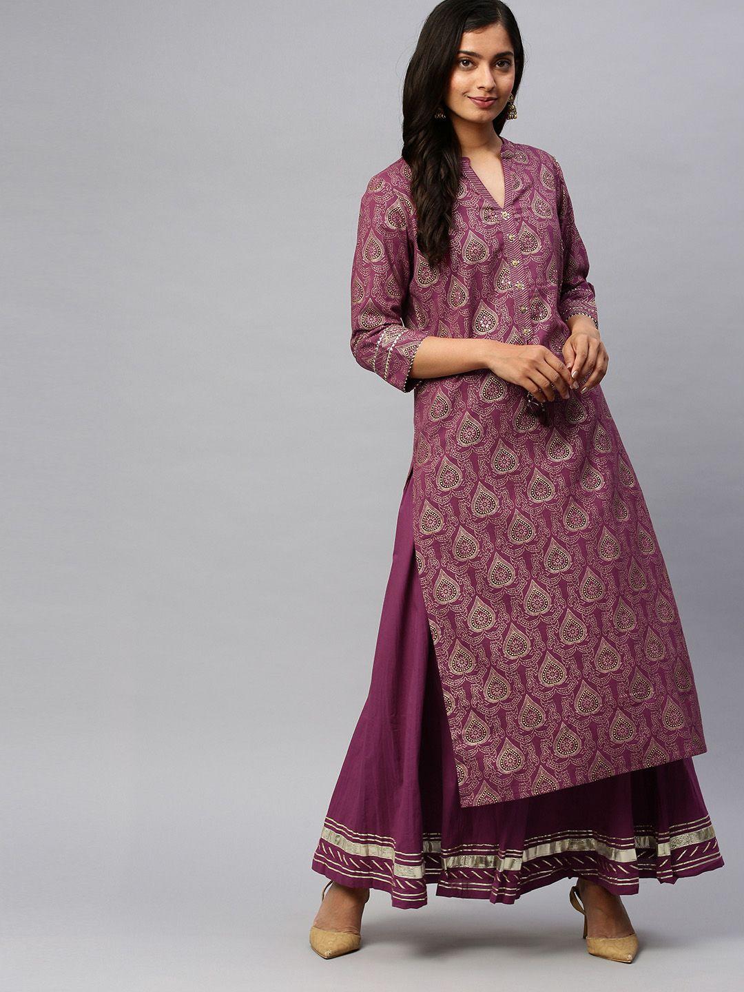 ishin women purple & gold-toned printed kurta with palazzos