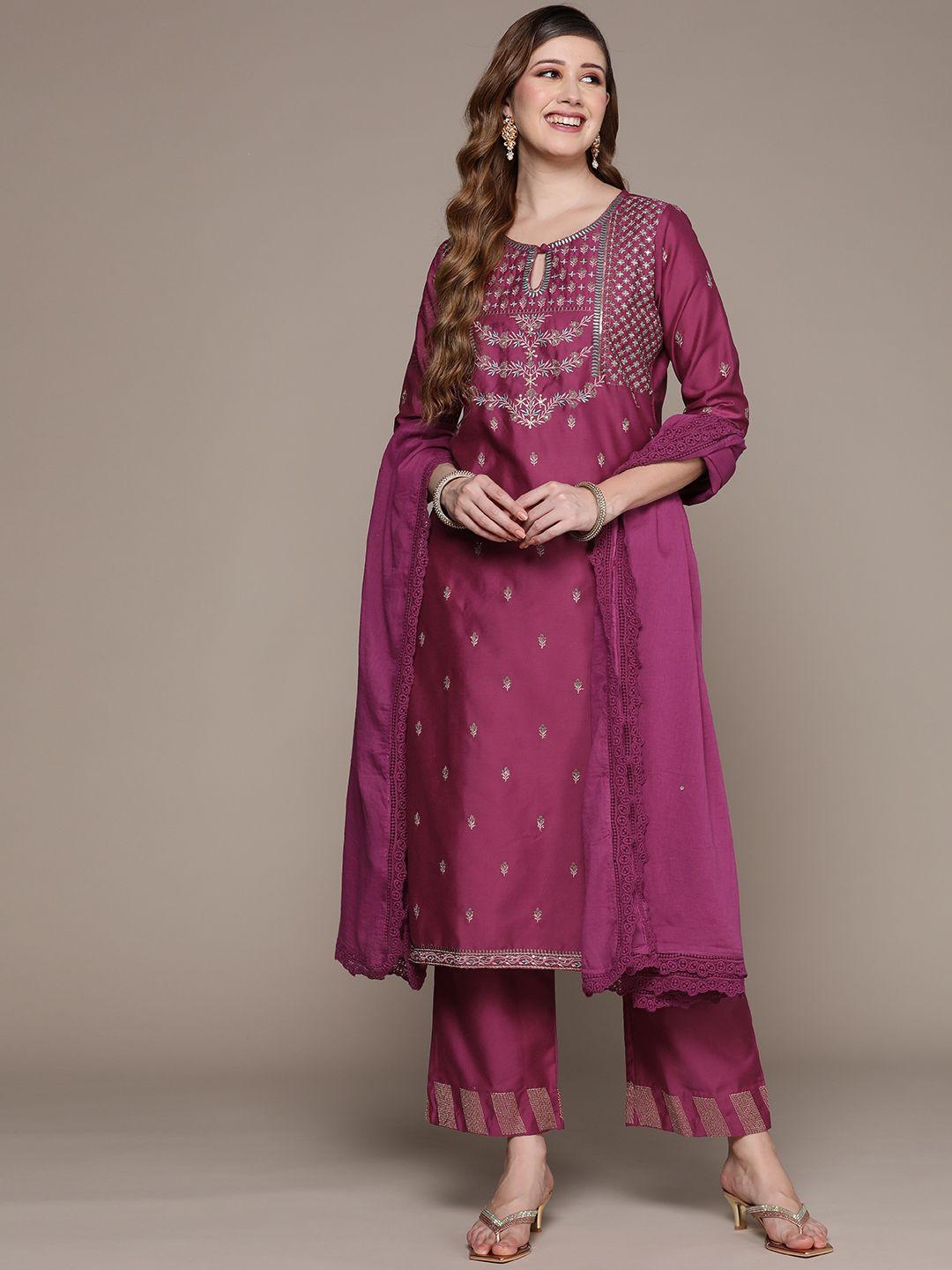 ishin women purple ethnic motifs embroidered kurta with palazzos & dupatta