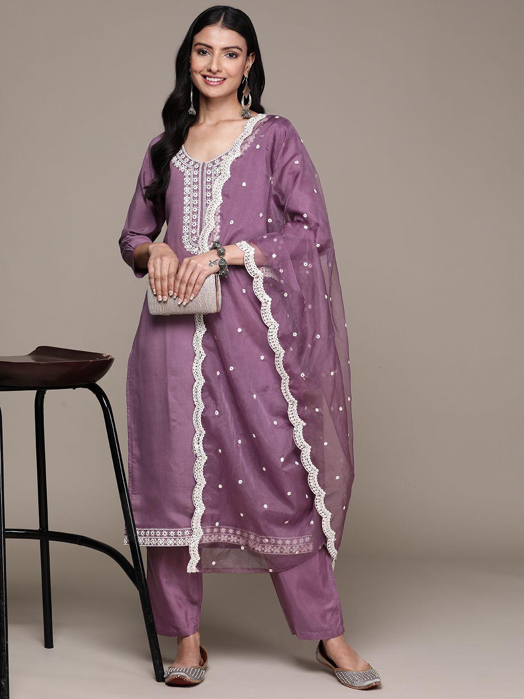 ishin women purple ethnic motifs embroidered regular mirror work kurta with trousers & with dupatta