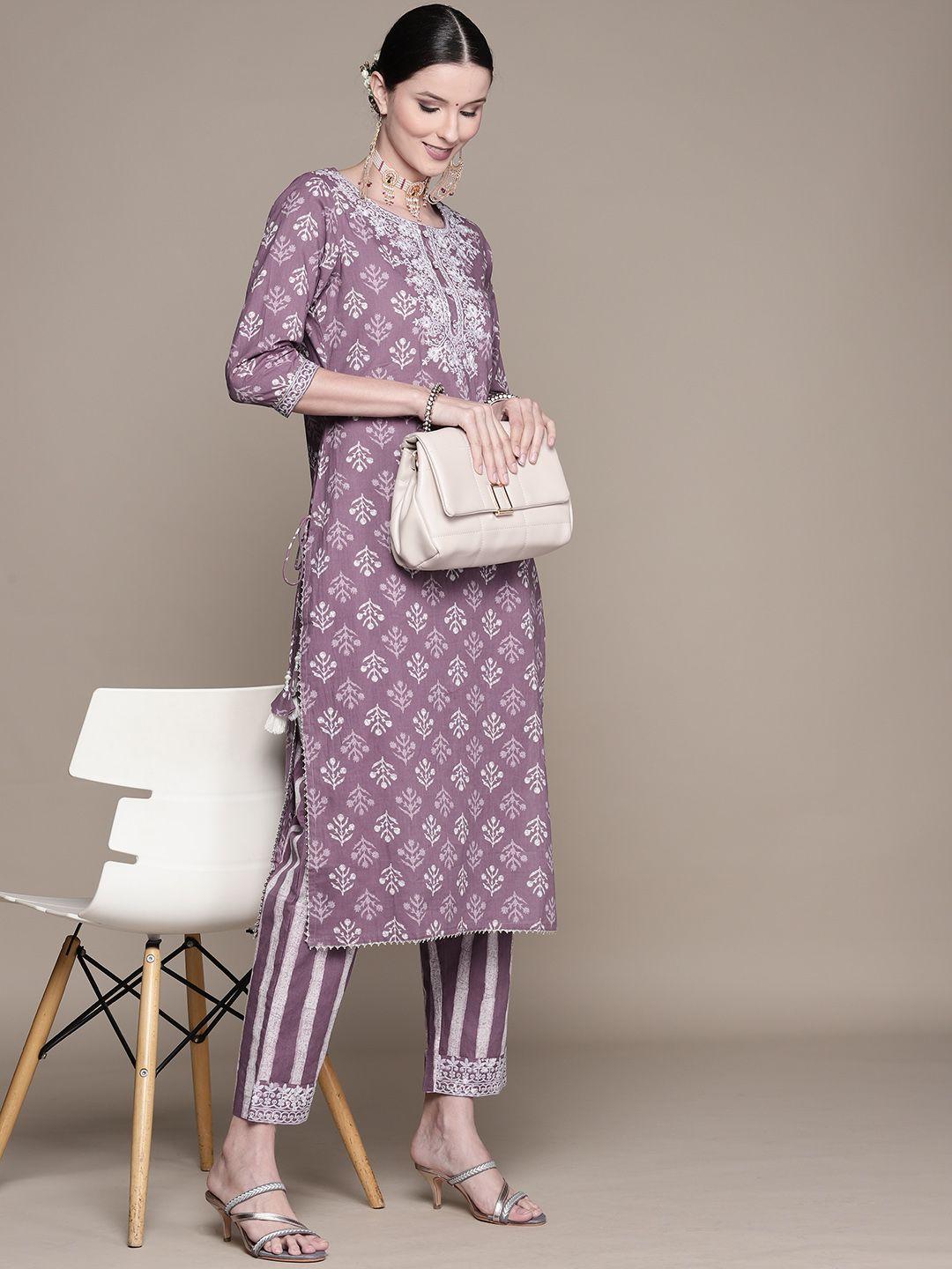 ishin women purple floral yoke design thread work pure cotton kurta with trousers