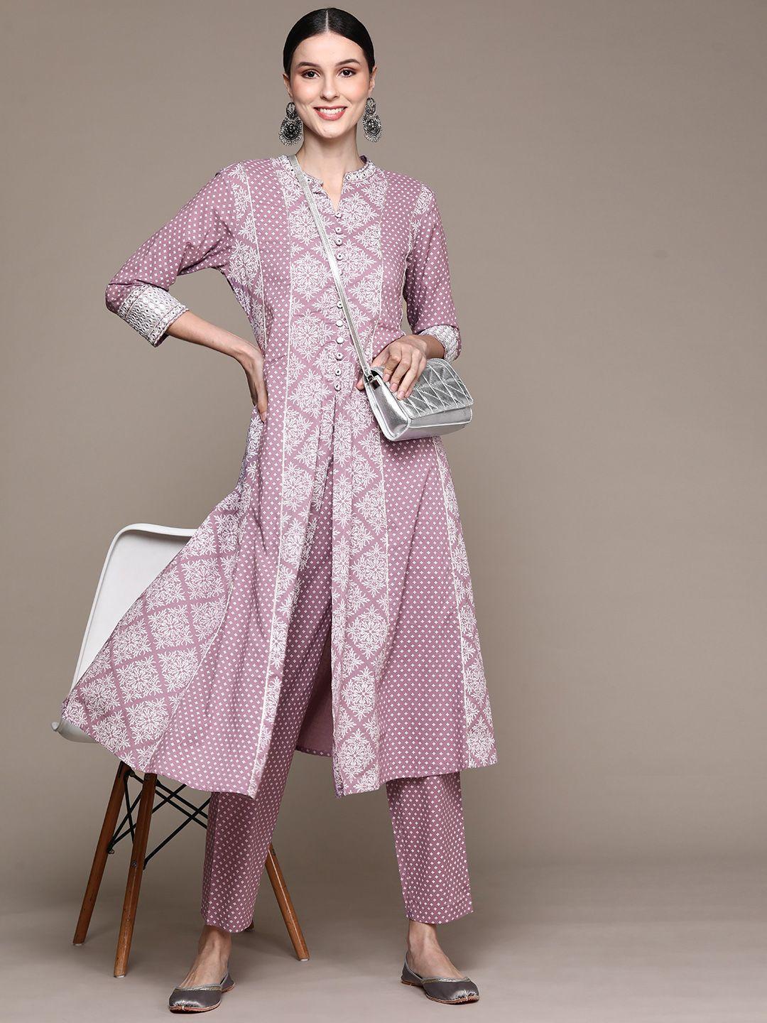 ishin women purple printed gotta patti pure cotton kurta with trousers