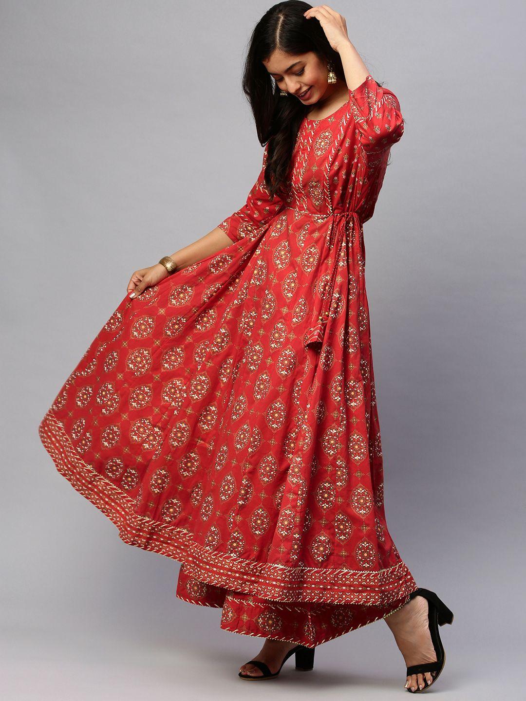 ishin women red & gold-toned printed kurta with palazzos