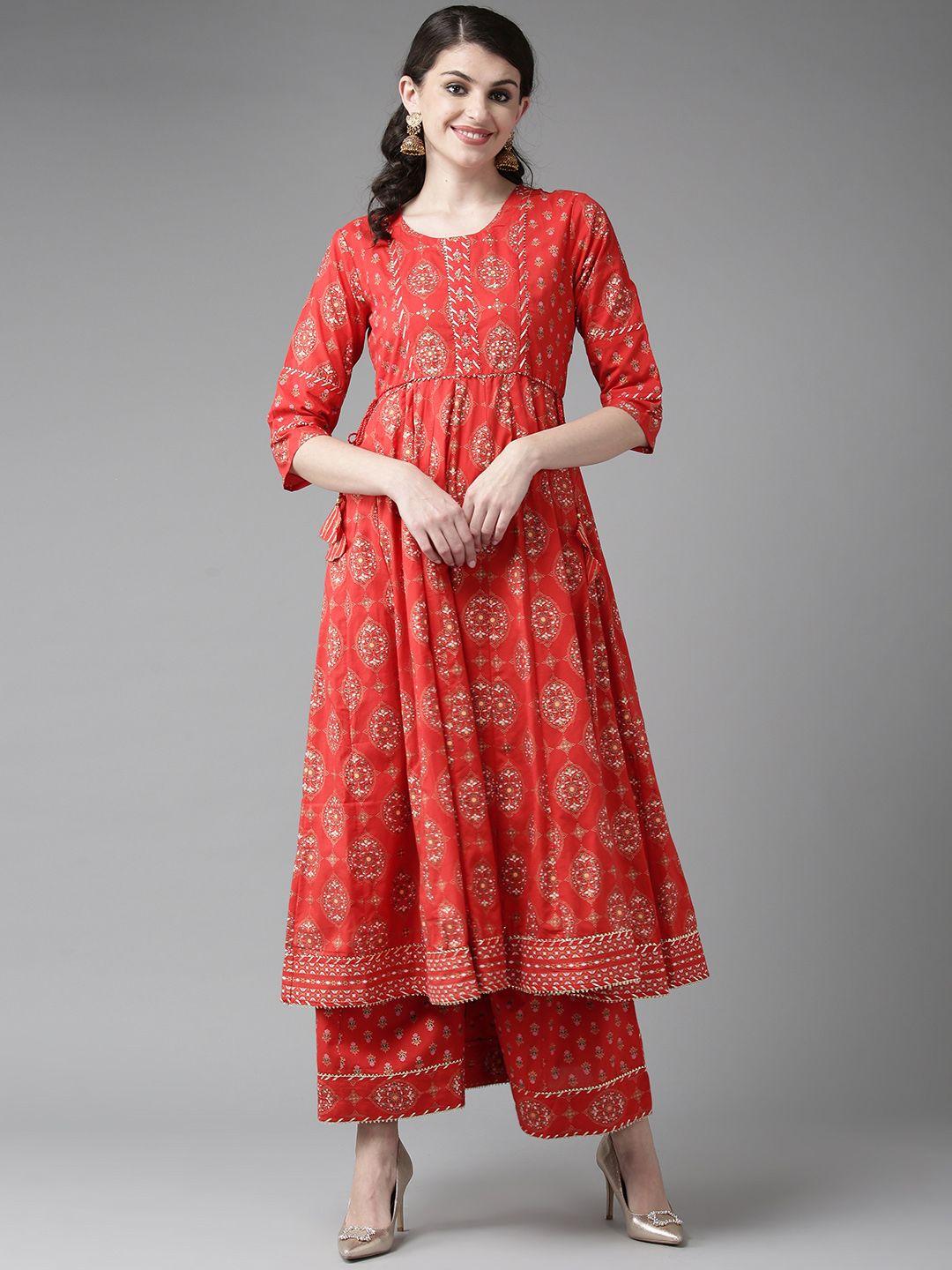 ishin women red & golden foil printed kurta with palazzos