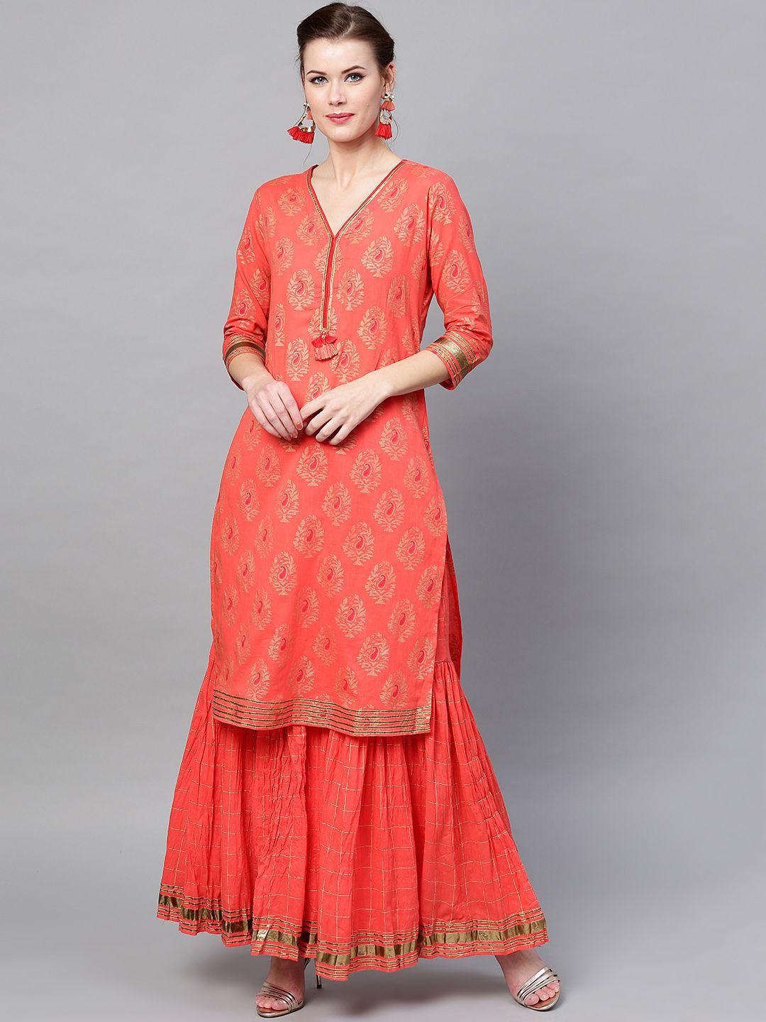 ishin women red & peach-coloured self design kurta with sharara