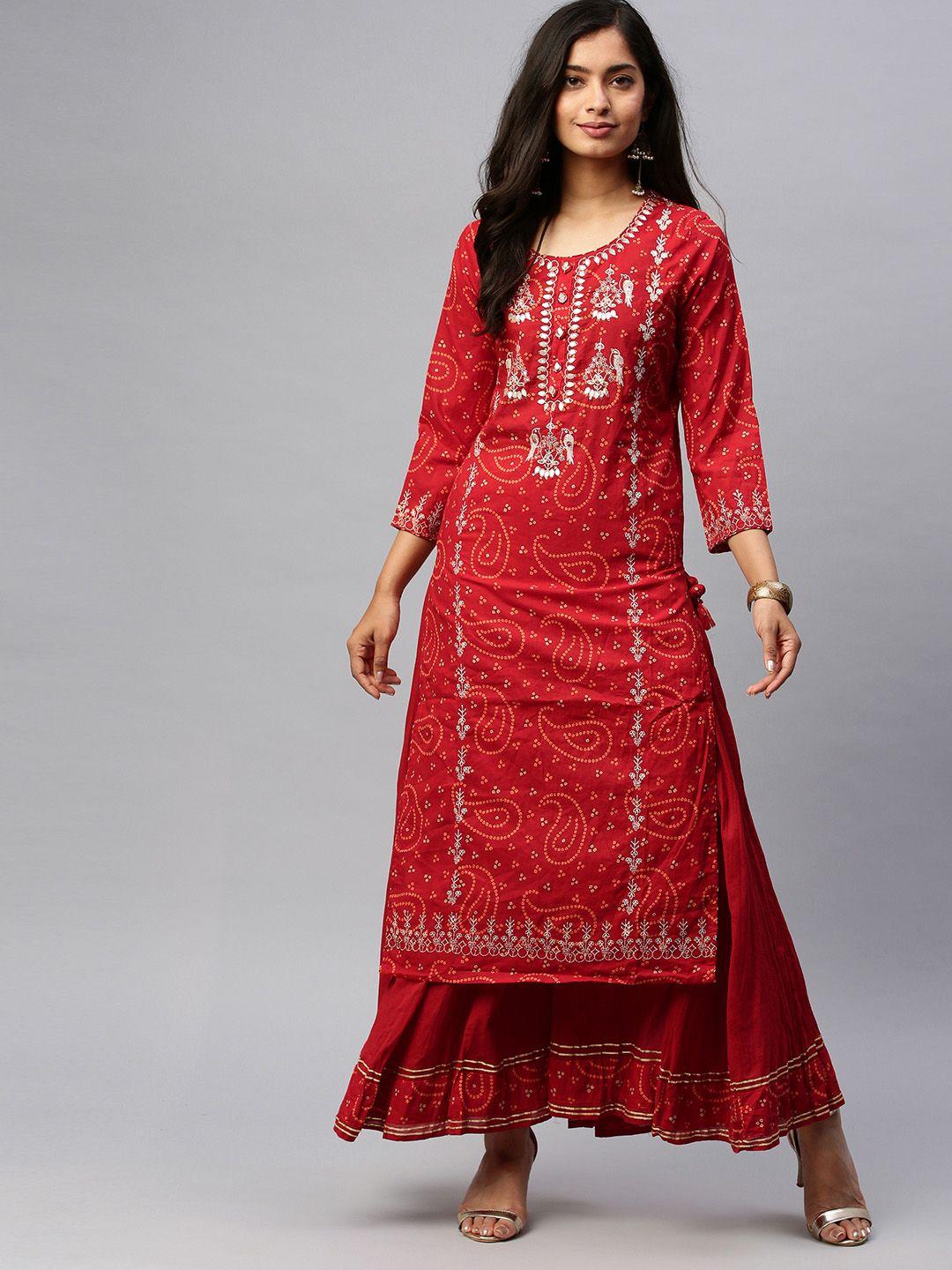 ishin women red & yellow bandhani printed kurta with sharara