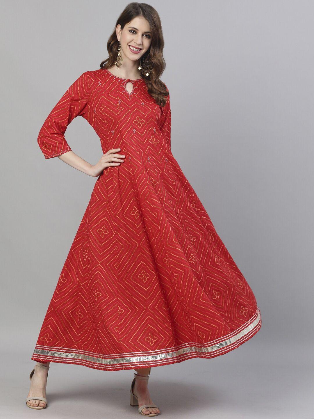 ishin women red bandhani printed anarkali kurta