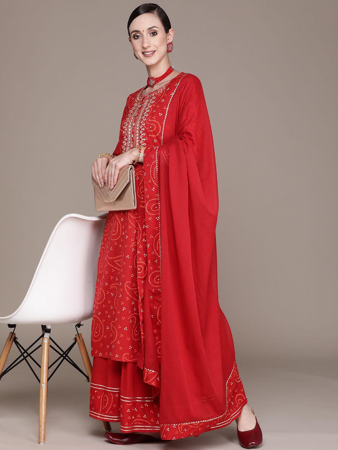 ishin women red bandhani printed gotta patti pure cotton kurta with sharara & with dupatta