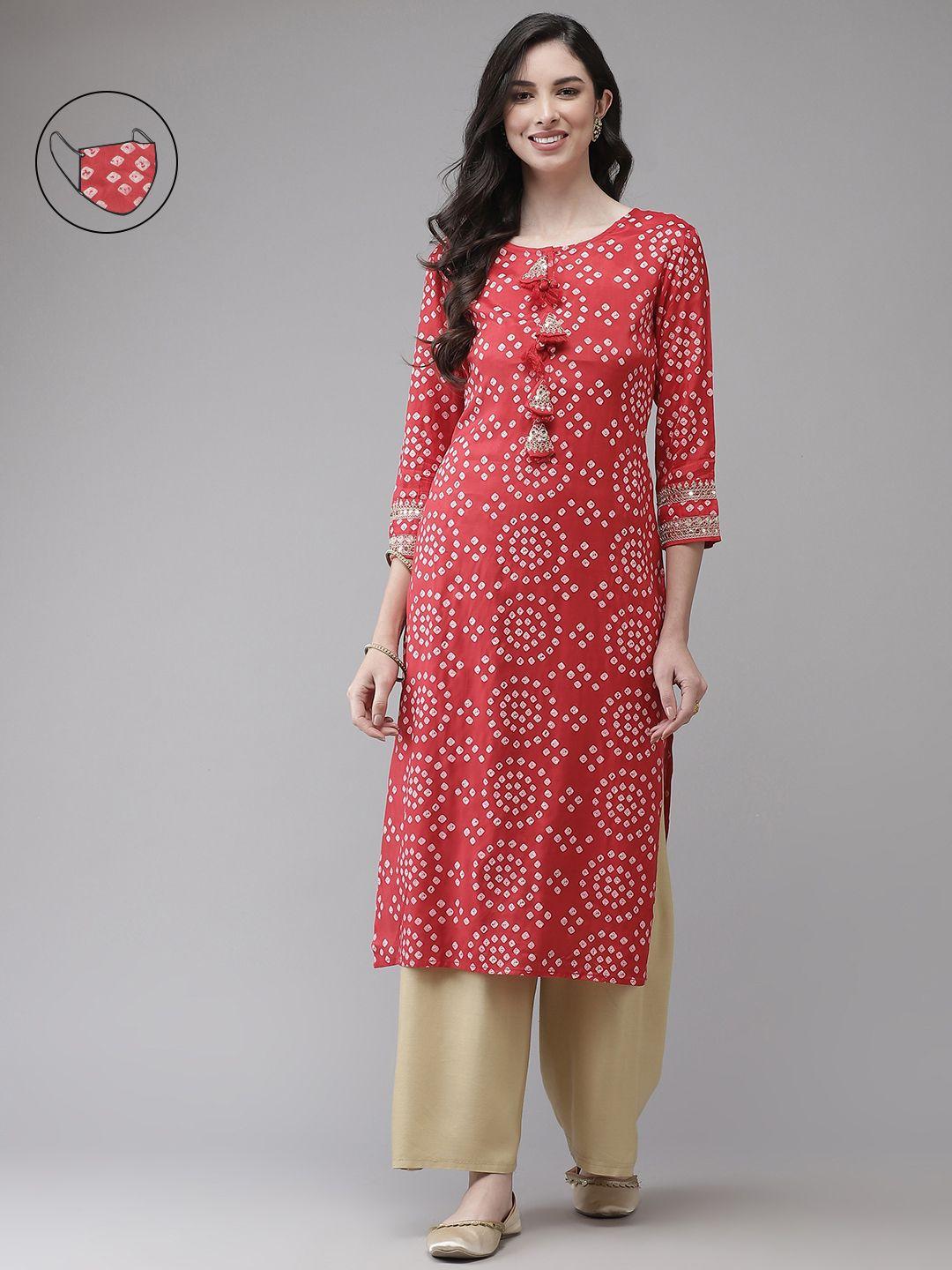 ishin women red bandhani printed kurta with mask