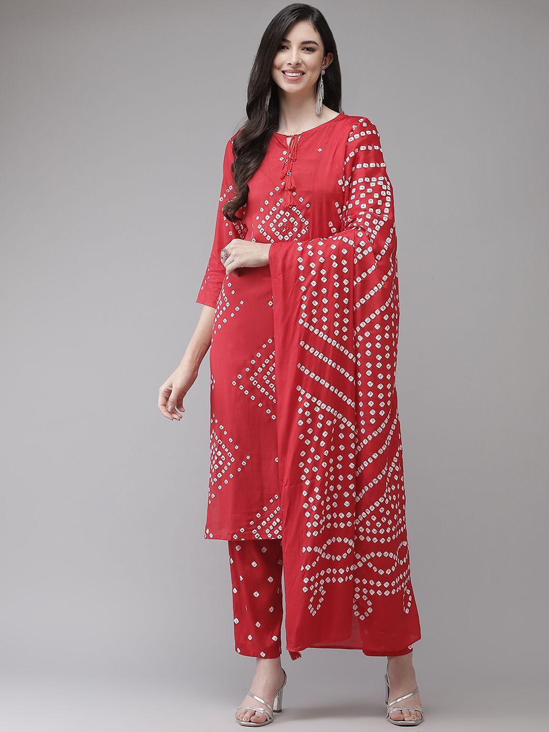 ishin women red bandhani printed regular kurta with trousers & with dupatta