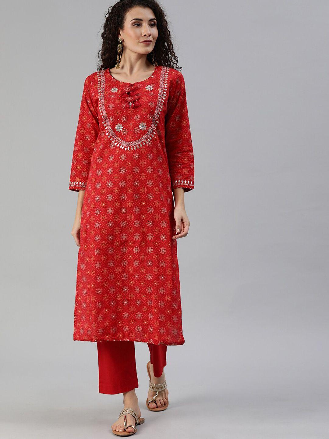 ishin women red checked floral print straight kurta