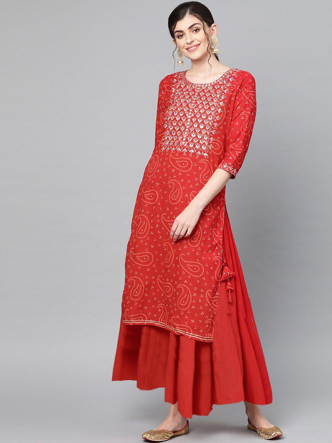 ishin women red embroidered a-line kurta