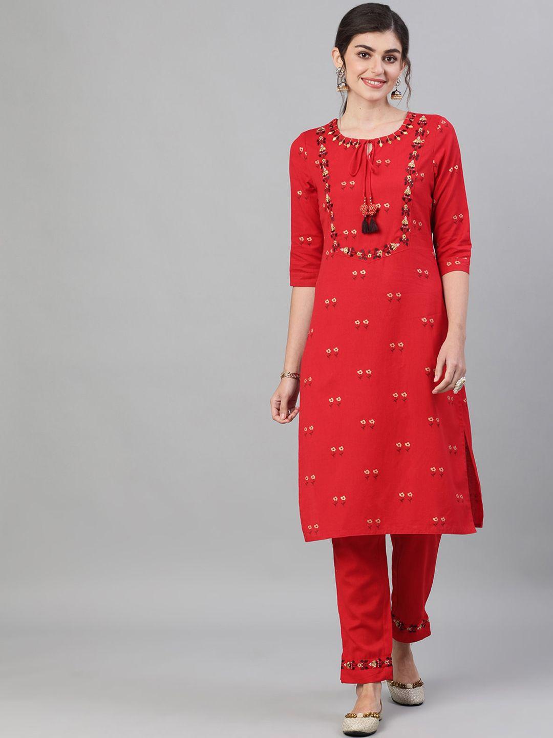 ishin women red embroidered kurta with trousers