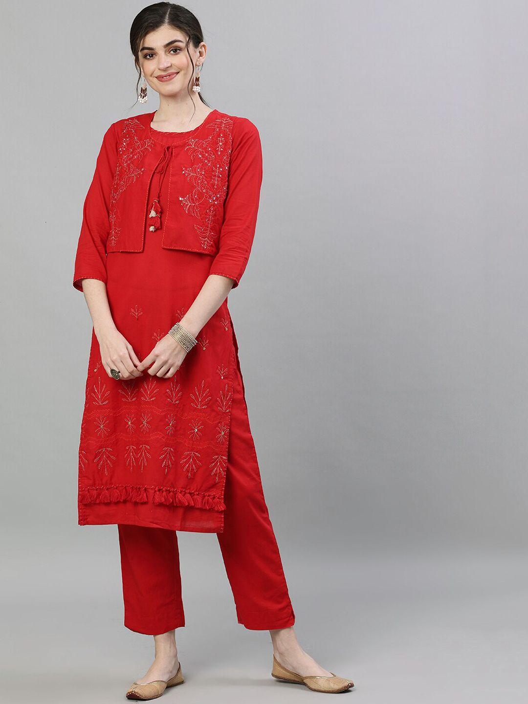 ishin women red embroidered pure cotton kurta with trousers