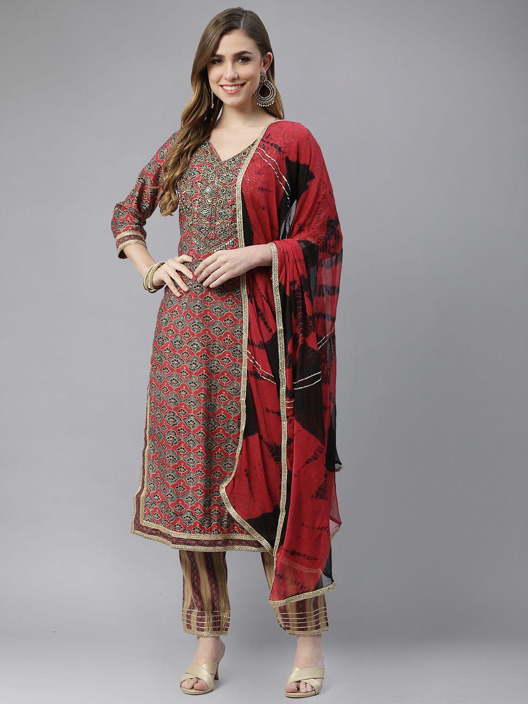 ishin women red ethnic motifs embroidered beads and stones kurta with trousers & with dupatta