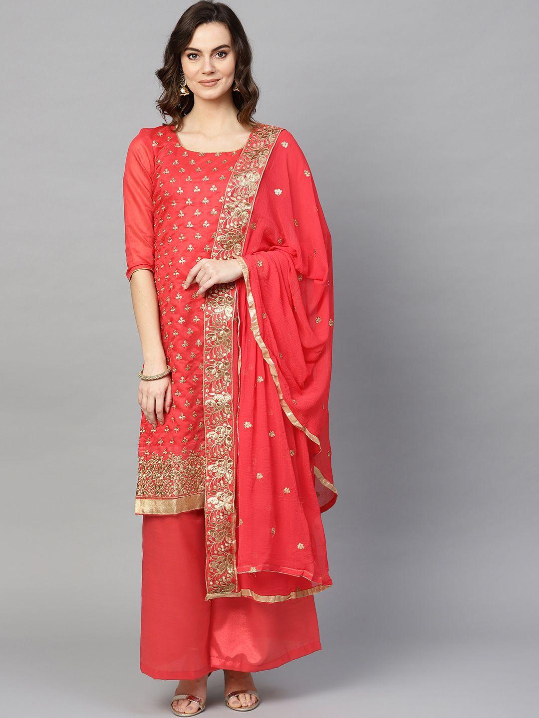 ishin women red ethnic motifs embroidered chanderi cotton kurta with trousers & with dupatta
