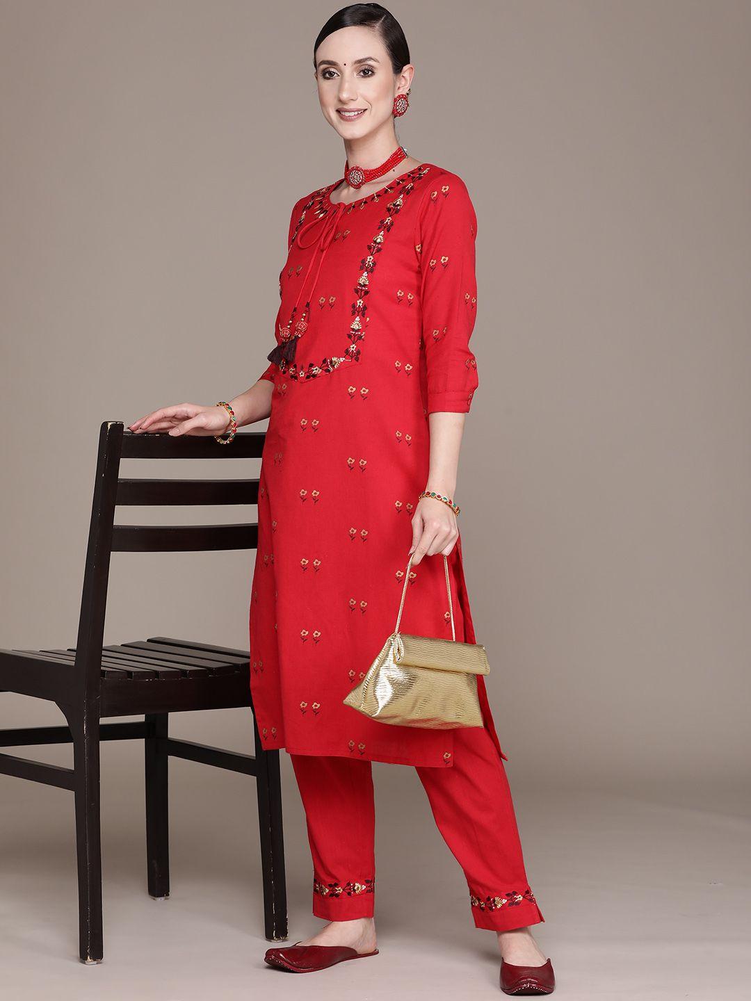 ishin women red floral embroidered thread work pure cotton kurta with trousers