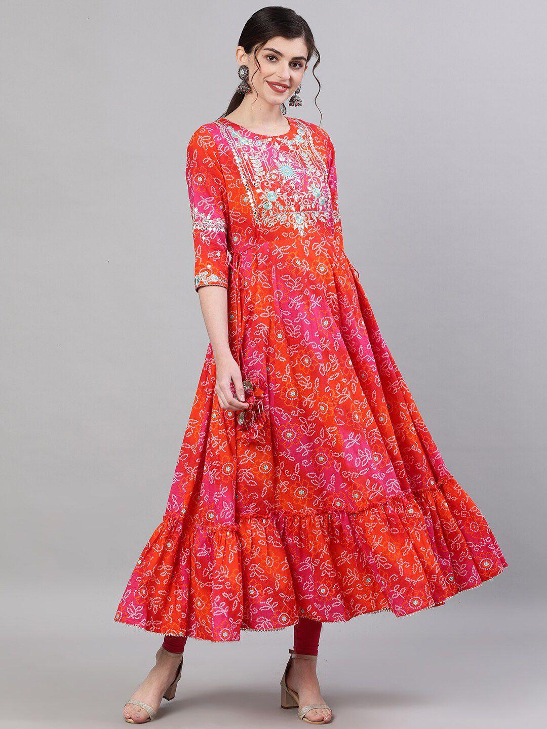 ishin women red printed anarkali kurta