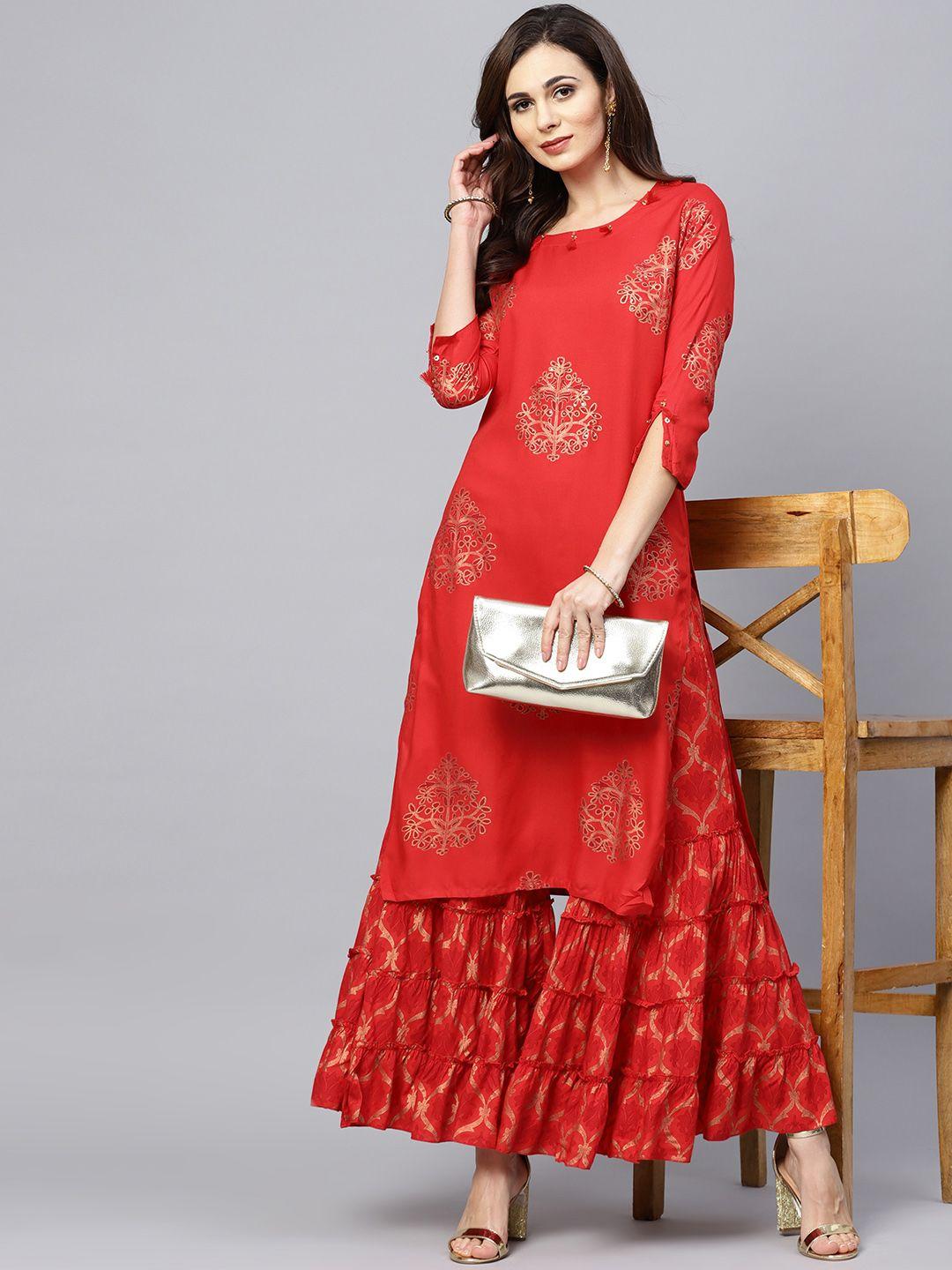 ishin women red printed kurta with sharara