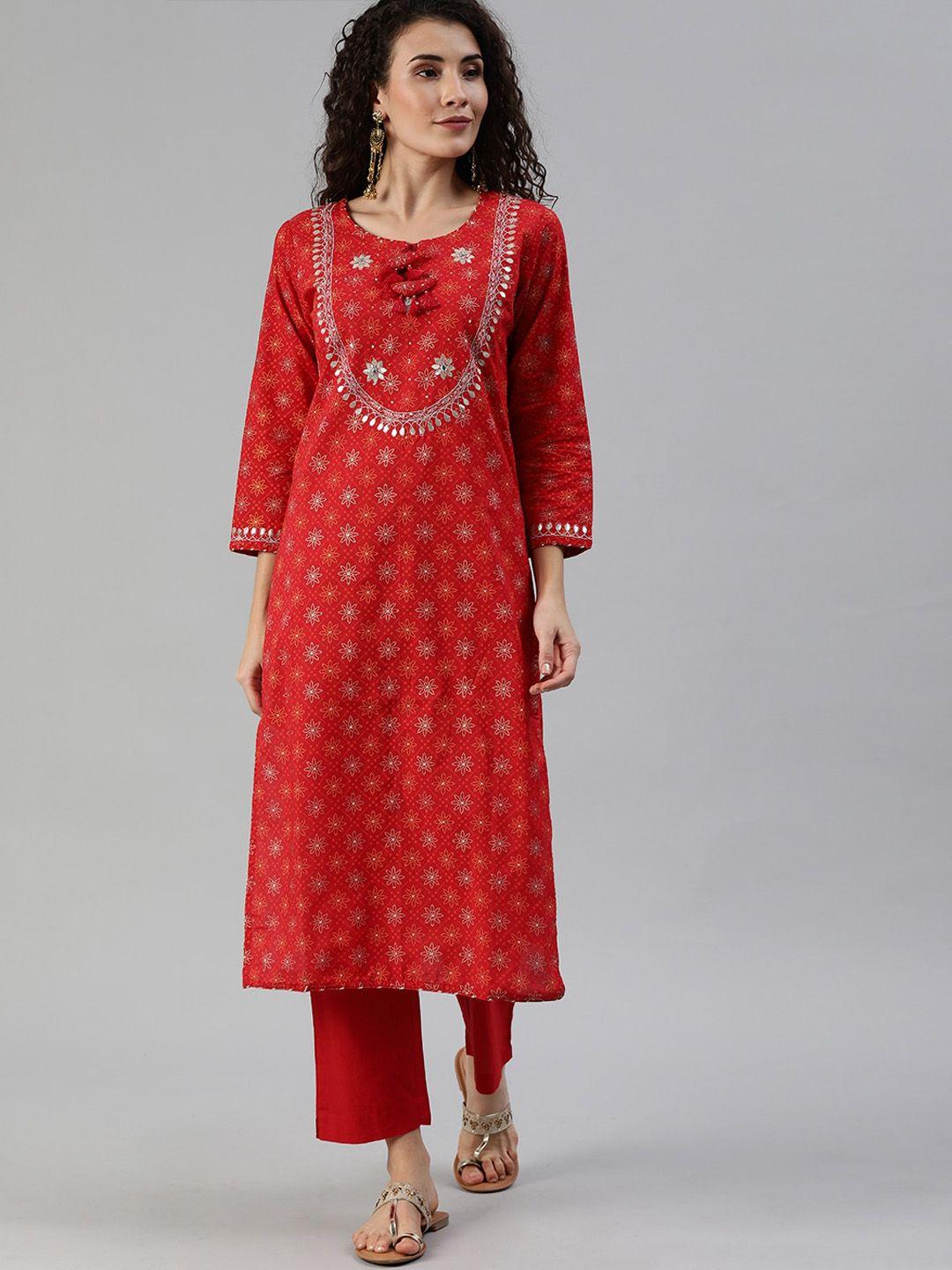 ishin women red printed kurta with trousers