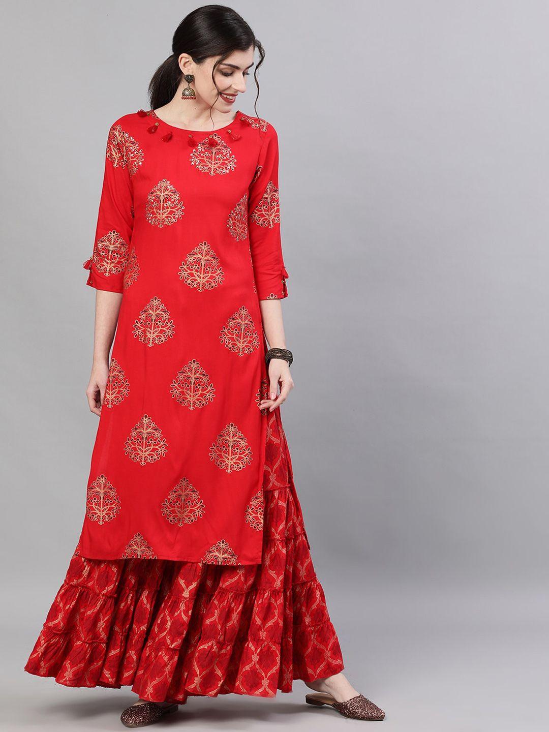 ishin women red printed straight kurta with sharara