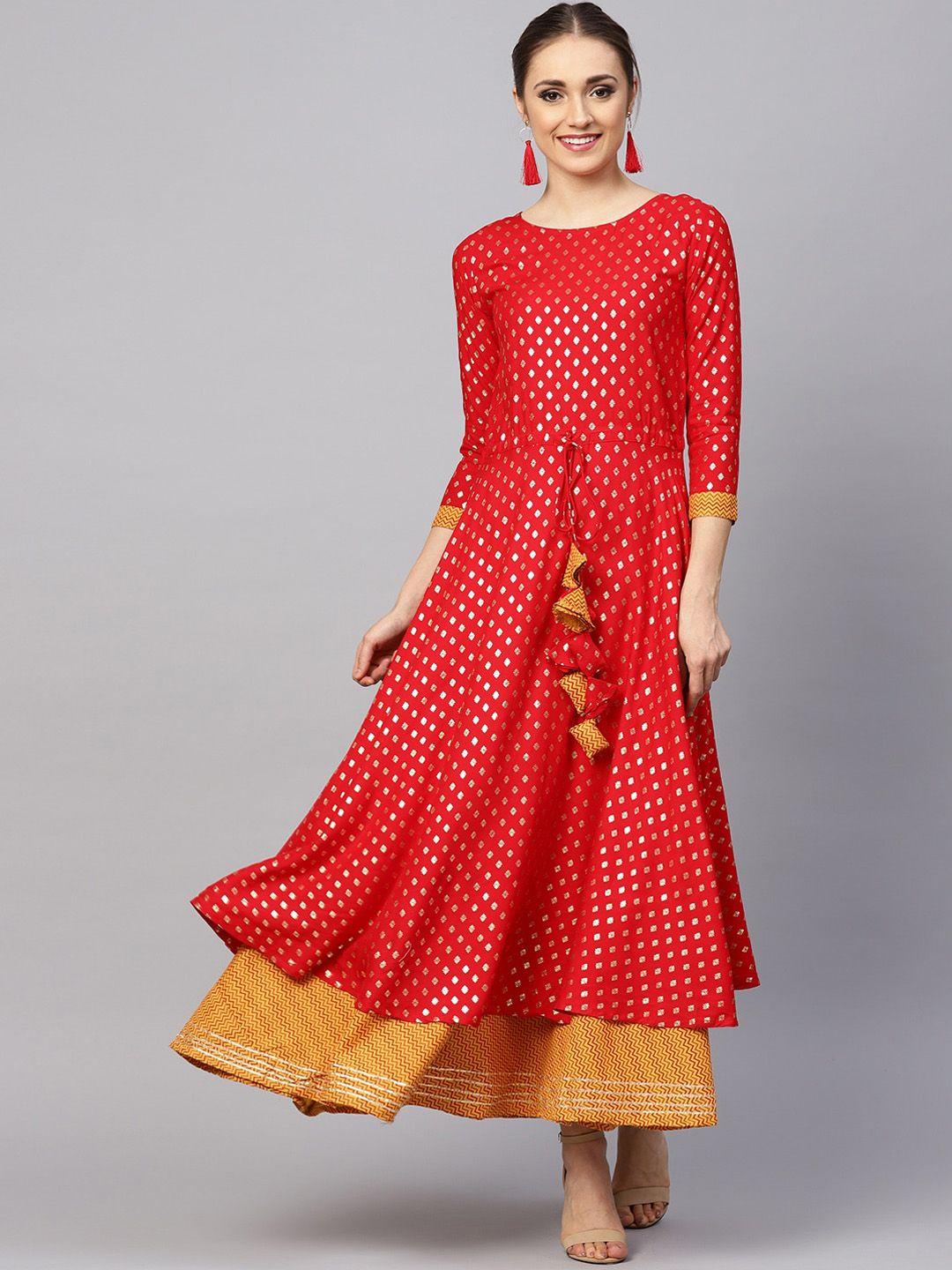 ishin women red woven design kurta with skirt