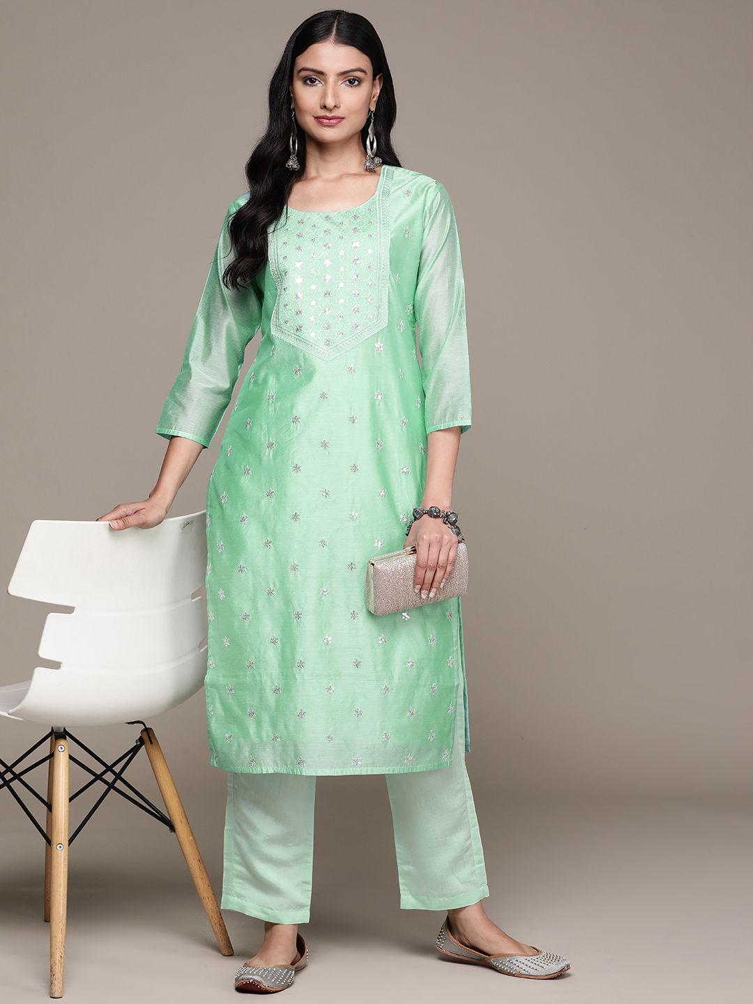 ishin women sea green embroidered regular sequinned kurta with trousers