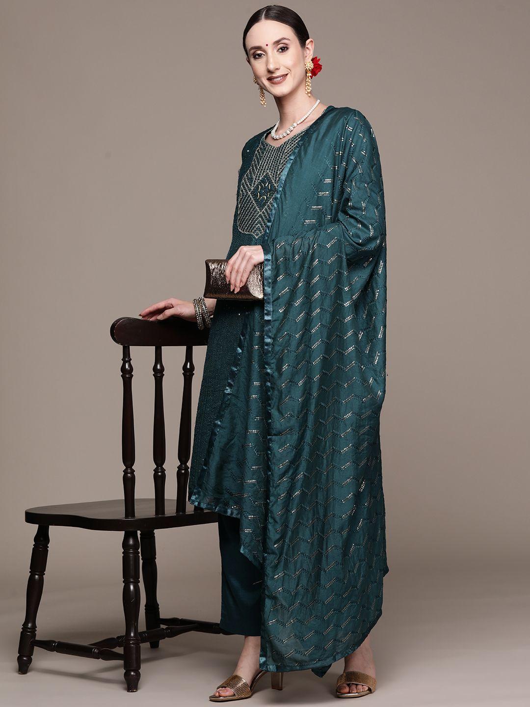 ishin women teal blue embroidered sequinned kurta with trousers & with dupatta
