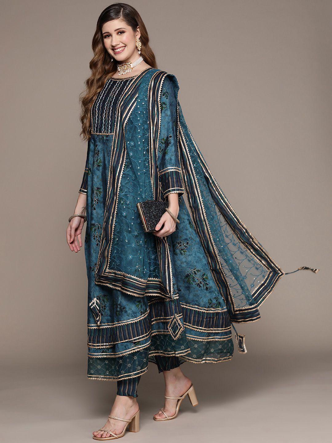 ishin women teal blue ethnic motifs embroidered kurta with trousers & dupatta