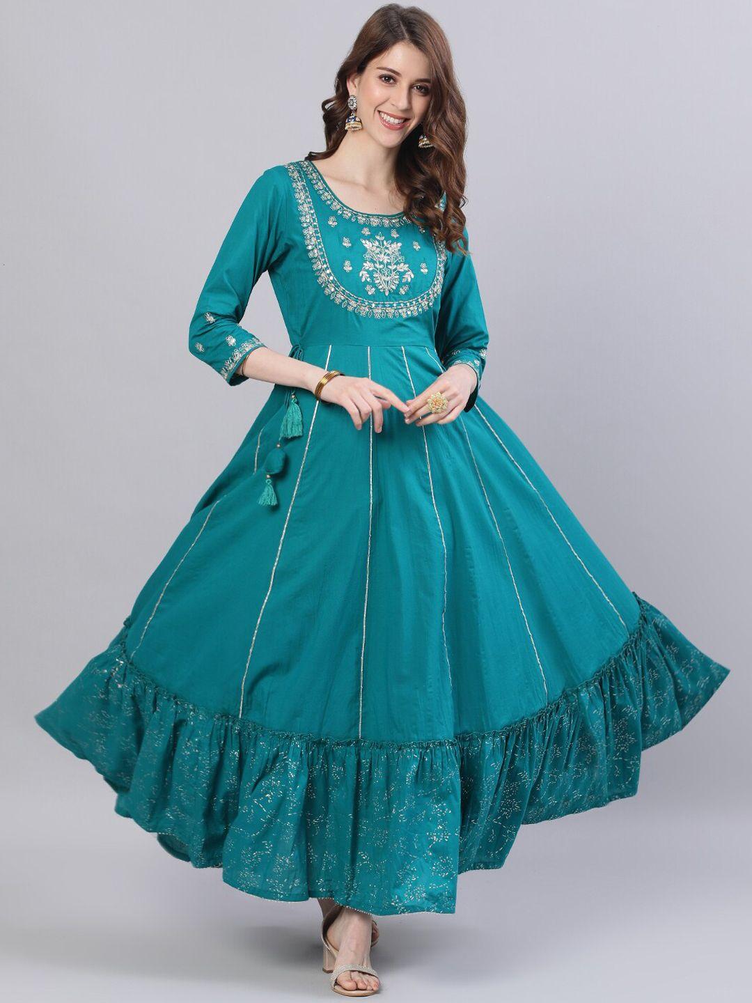 ishin women teal embellished anarkali cotton kurta