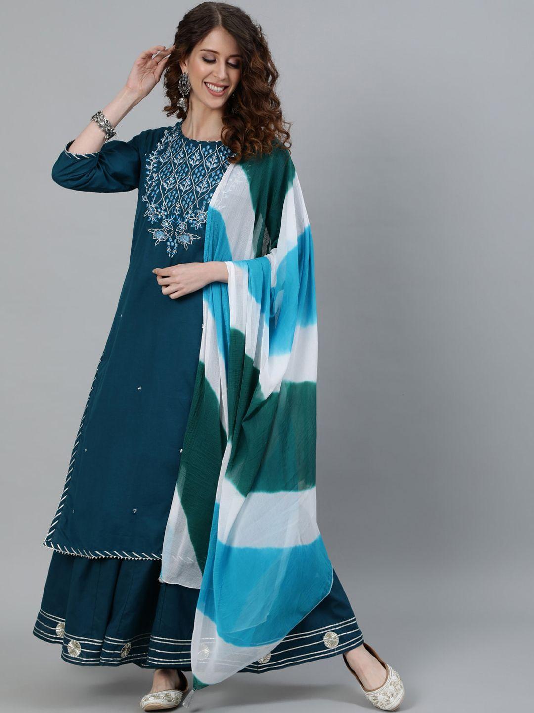 ishin women teal floral embroidered pure cotton a-line kurta with palazzos & dupatta