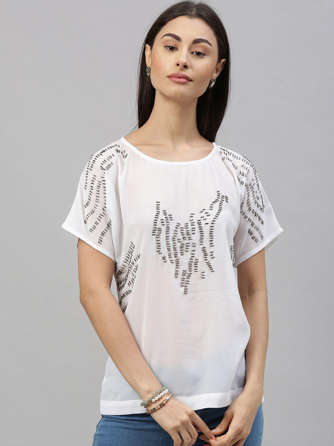 ishin women white embellished semi sheer top