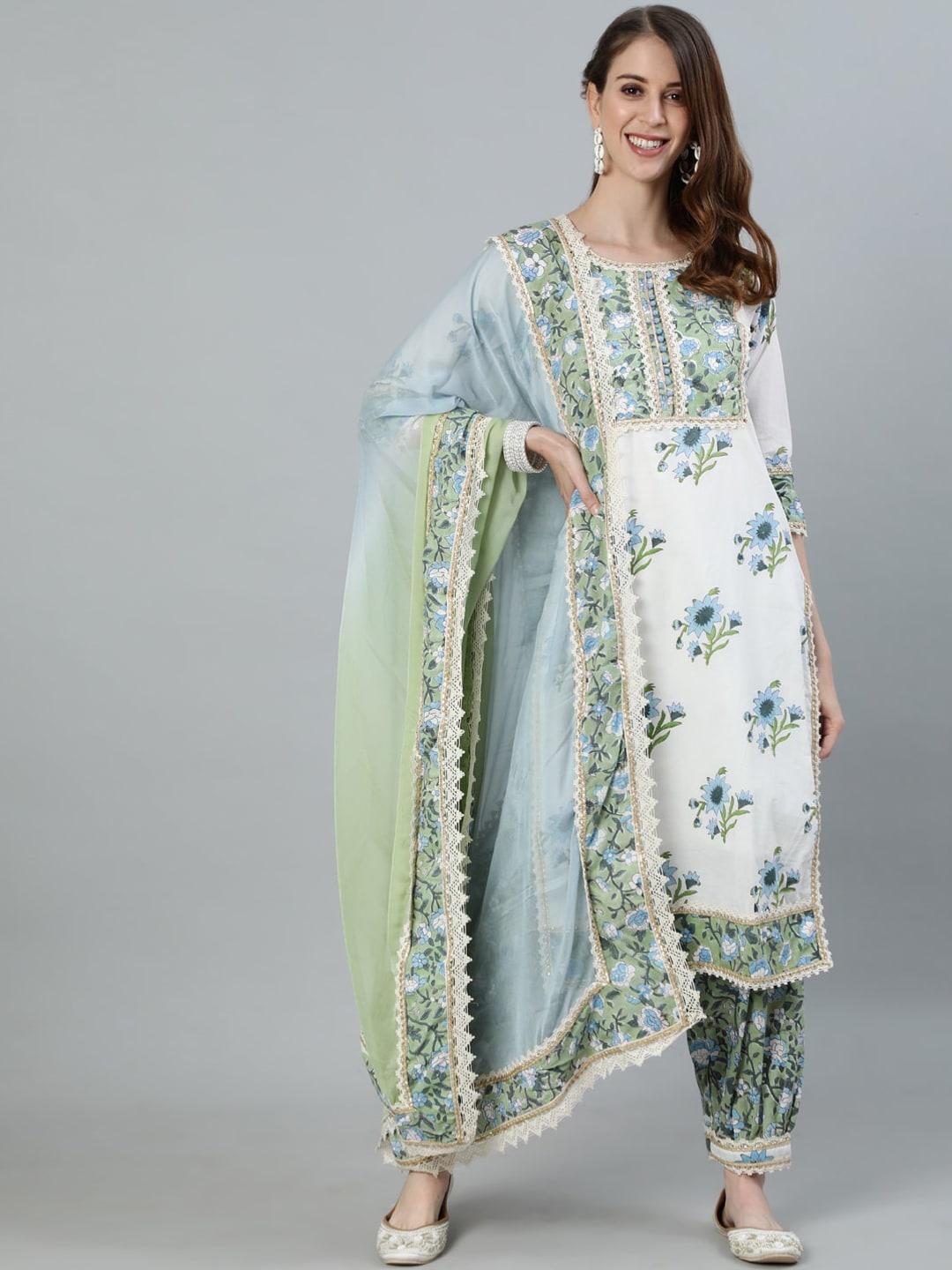 ishin women white ethnic motifs embroidered layered pure cotton kurta with salwar & with dupatta