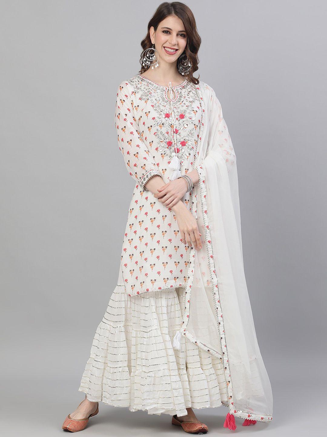 ishin women white printed kurta with sharara & dupatta