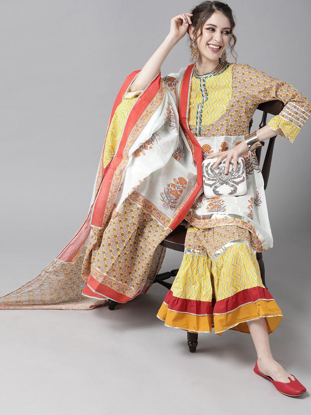 ishin women yellow & off-white block print cotton fusion kurta with sharara & dupatta