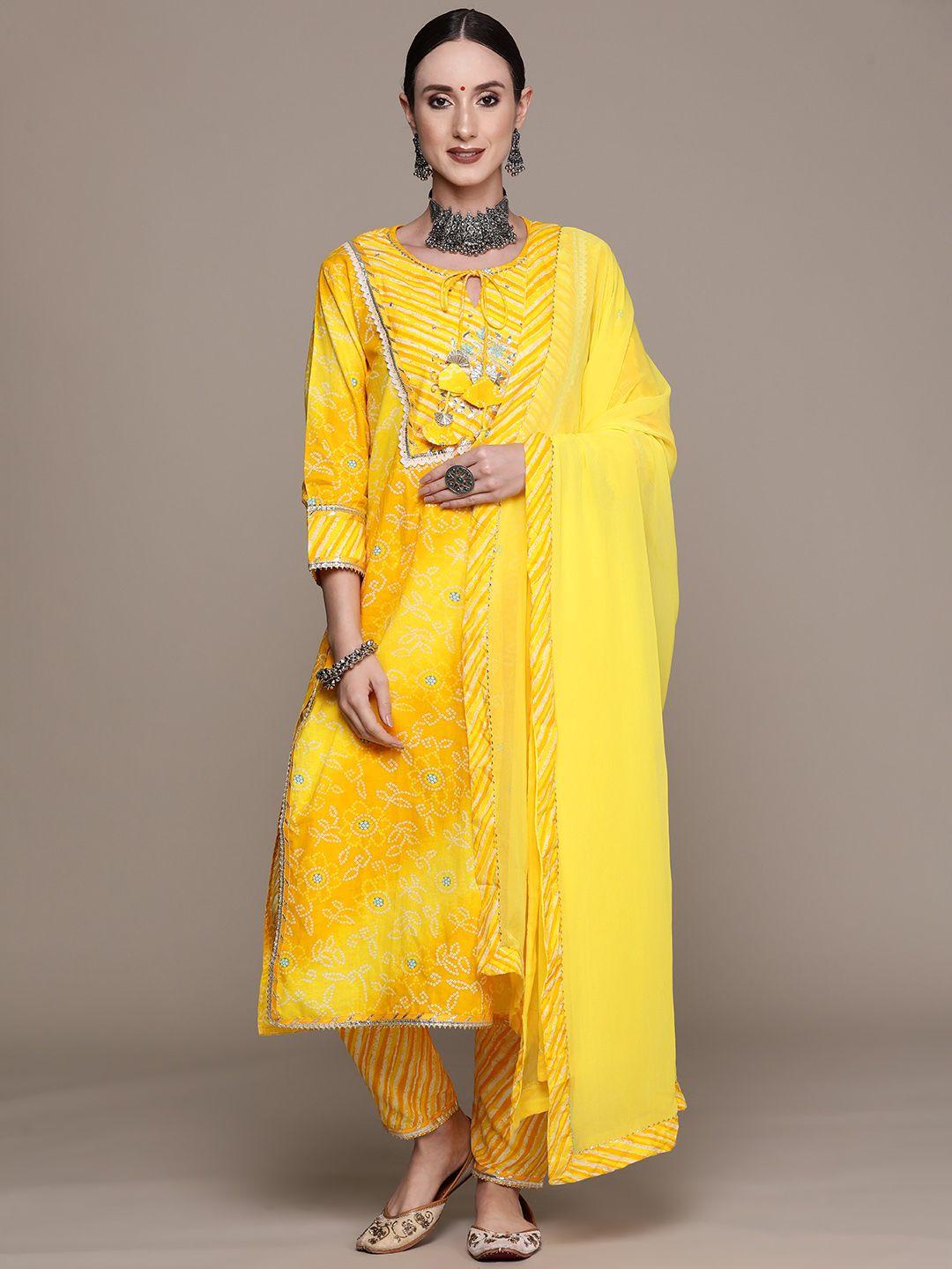 ishin women yellow bandhani embroidered pure cotton kurta with trousers & with dupatta