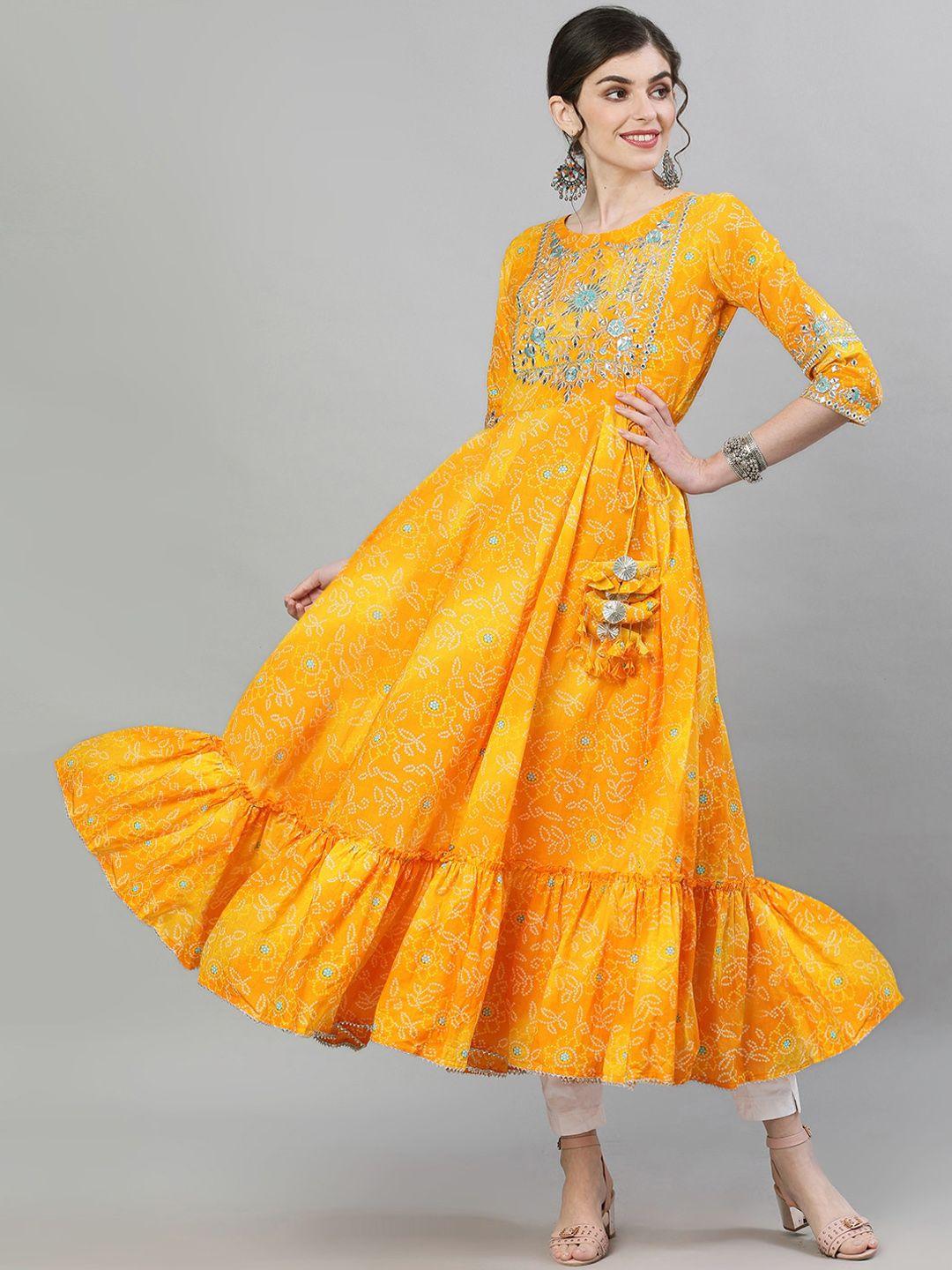 ishin women yellow bandhani printed anarkali kurta