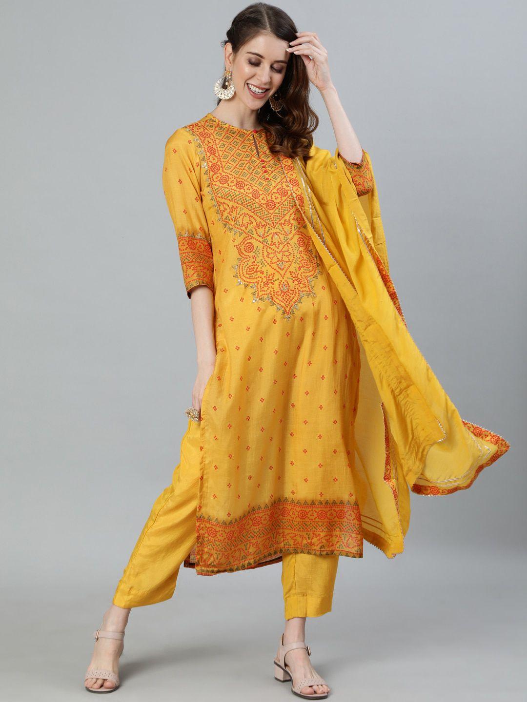 ishin women yellow bandhani printed panelled gotta patti pure silk kurta with trousers & with dupatta